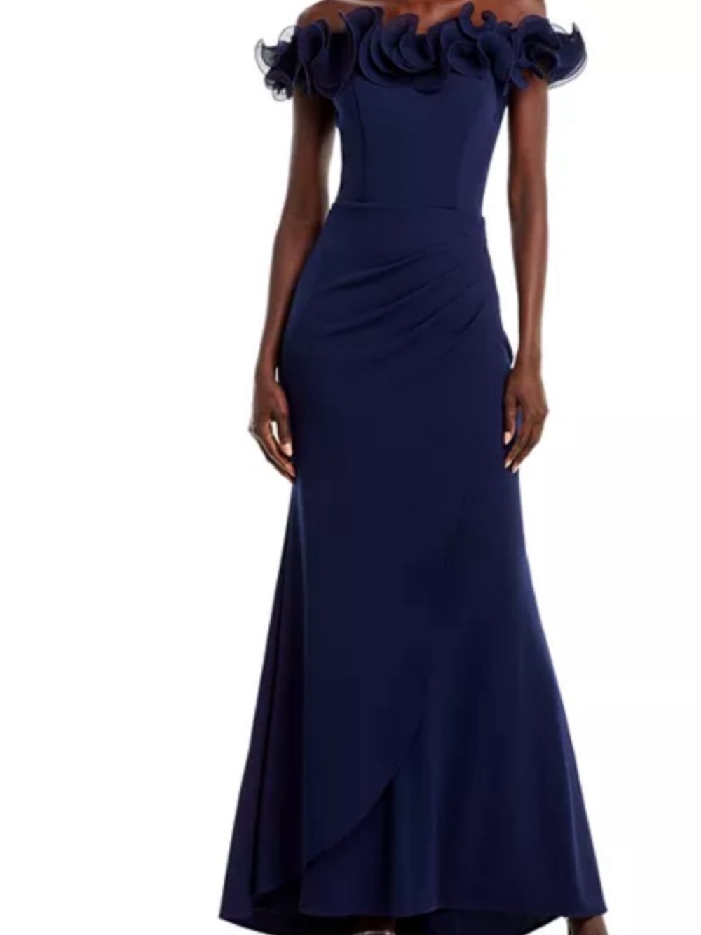 Aqua Off-Shoulder Navy Ruffle Evening Gown